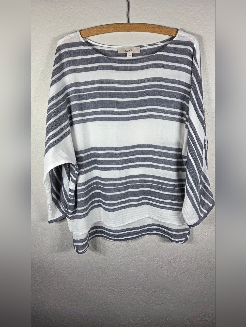 Loft Striped Grey Tunic Top Dolman Sleeve Cotton Size M Oversized Roll Tab